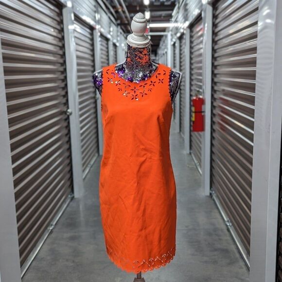 J. Crew Size 6 Neon Orange Knee-Length Sheath Dress with Floral Cut Outs on Hems - Picture 1 of 12